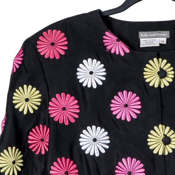 Kelly Diane Floral Embroidered Jacket 14 Womens Black Pink Buttons Silk Career - Picture 2 of 6
